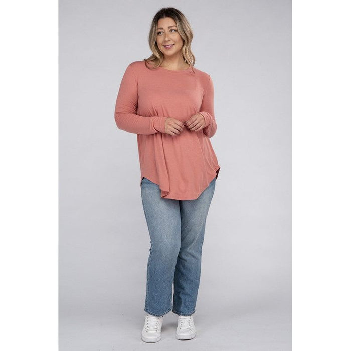 Plus Long Sleeve Round Neck Round Hem Top