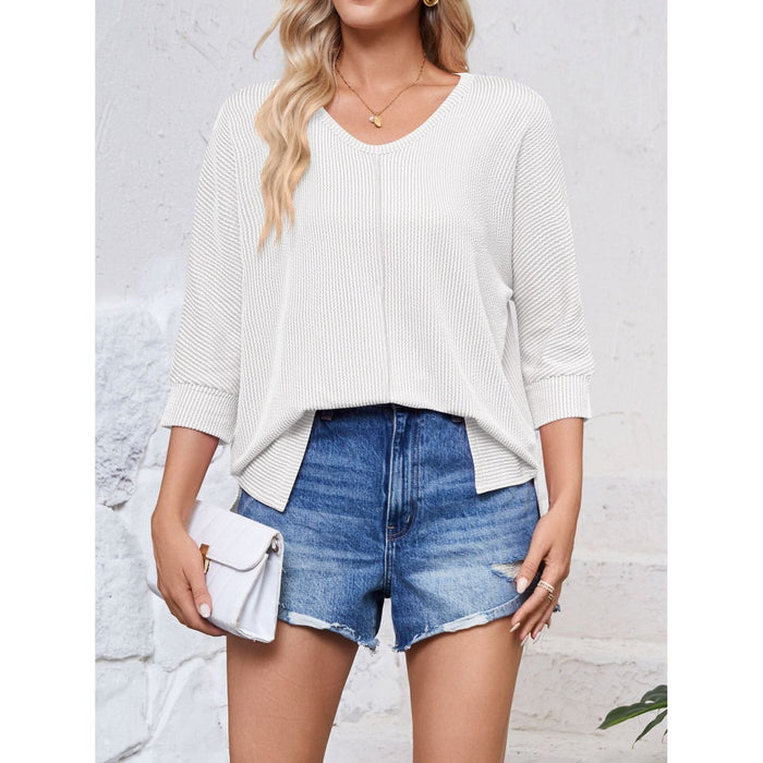 Textured Round Neck Three-Quarter Sleeve Blouse