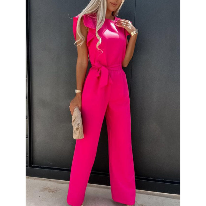 Ruffled Round Neck Cap Sleeve Jumpsuit