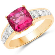 Bids.com 2.70 Carat Genuine Rubellite and White Diamond 14K Yellow Gold Ring Rings