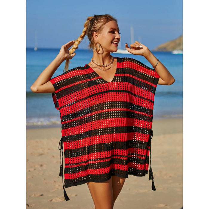 Tassel Openwork Striped V-Neck Cover Up