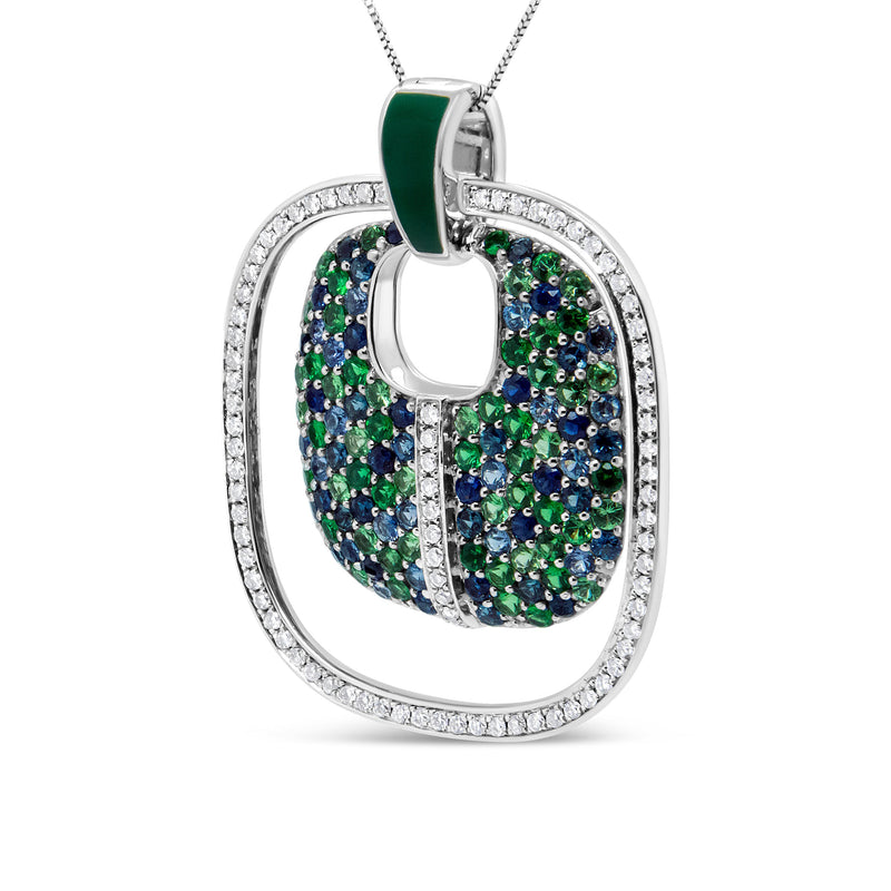 Bids.com .925 Sterling Silver Green Enamel Pendant with 1/2 Cttw Diamond, Sapphire, and Tsavorite Openwork Statement 18" Pendant Necklace (F-G Color, VS1-VS2 Clarity) Necklaces