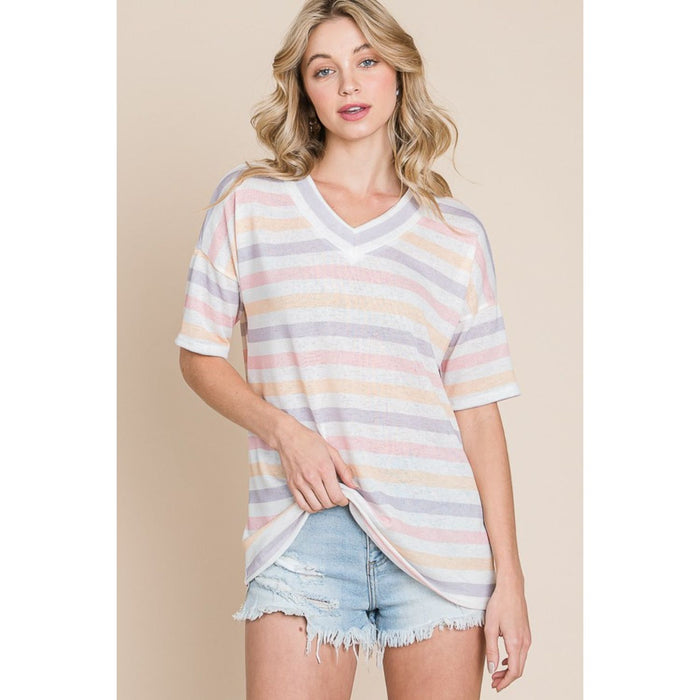 BOMBOM Striped V-Neck Short Sleeve T-Shirt