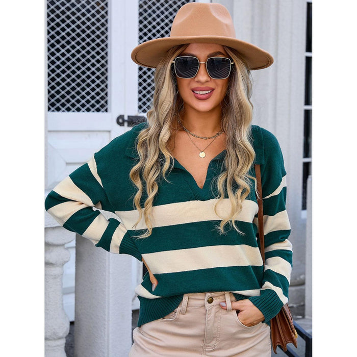 Striped Johnny Collar Knit Top