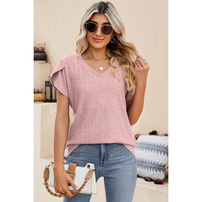 Eyelet V-Neck Petal Sleeve T-Shirt