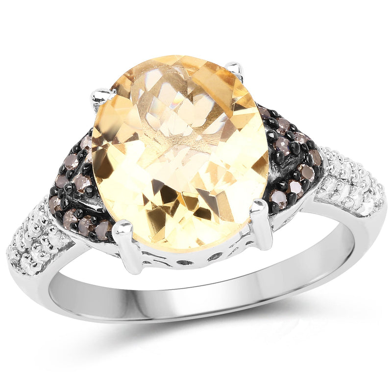 Bids.com 4.65 Carat Genuine Citrine, Champagne Diamond & White Diamond .925 Sterling Silver Ring Rings
