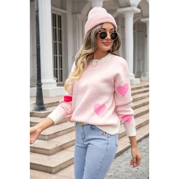 Heart Round Neck Droppped Shoulder Sweater