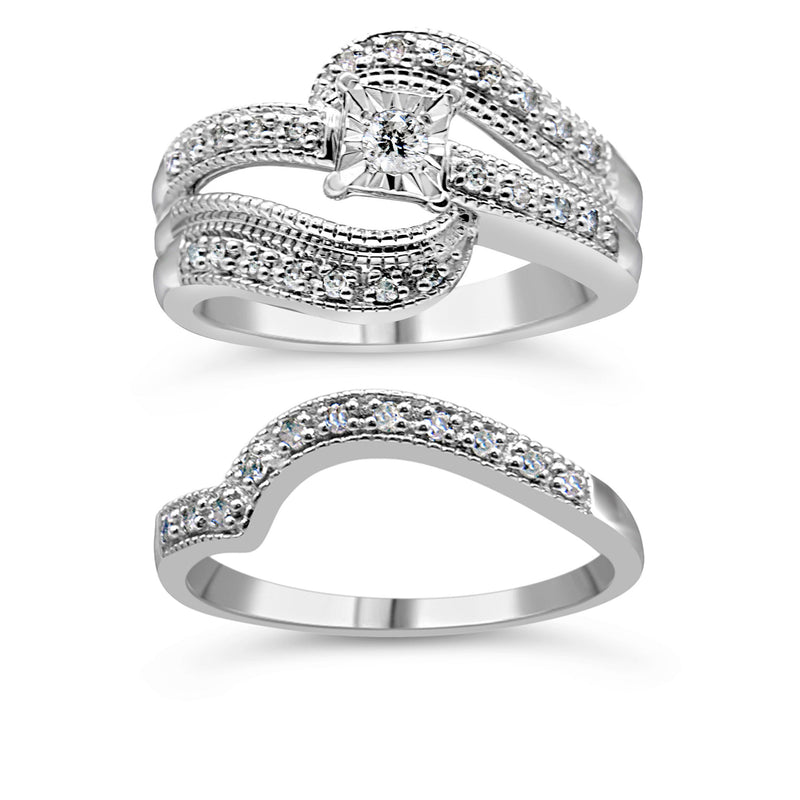 Bids.com .925 Sterling Silver 1/3 Cttw Round Diamond Crisscross Engagement Ring Bridal Set (H-I Color, I1-I2 Clarity ) - Size 7 Rings
