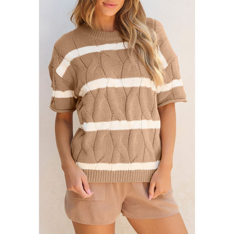 Striped Round Neck Short Sleeve Sweater