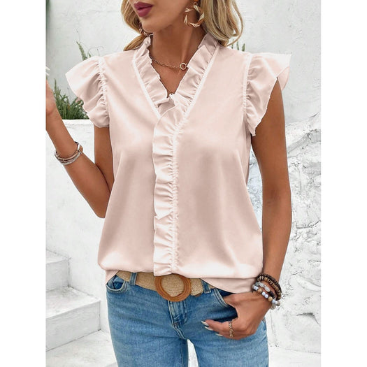 Ruffled V-Neck Cap Sleeve Blouse