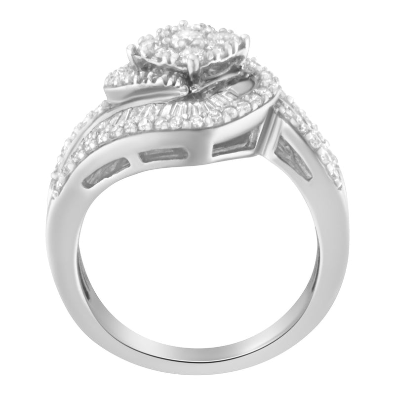 Bids.com 14K White Gold 1 Cttw Baguette and Round Diamond Floral Swirl Cluster Cocktail Ring Rings