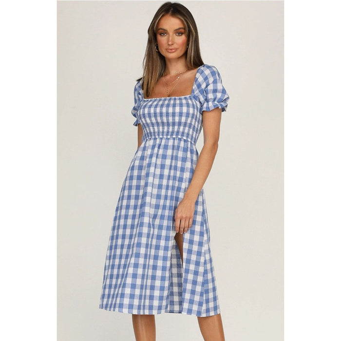 Full Size Slit Plaid Short Sleeve Midi Dress