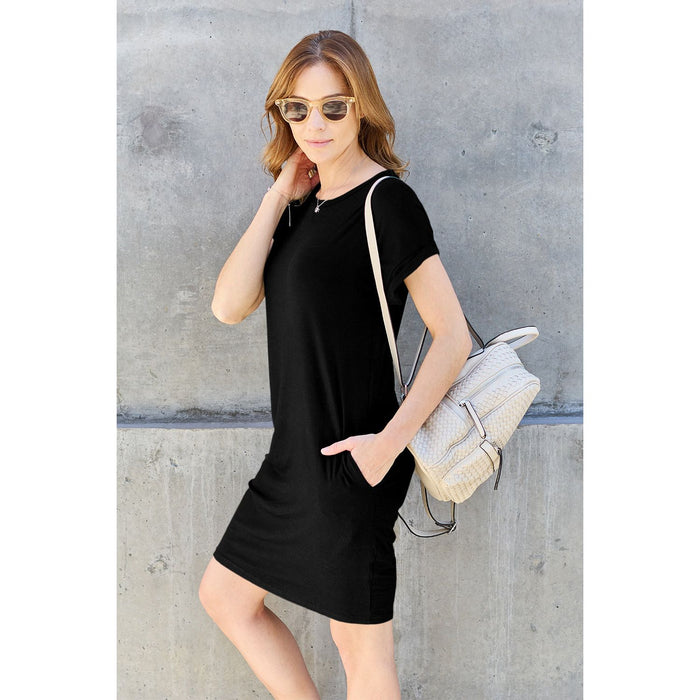 Bamboo Round Neck Short Sleeve Dress with Pockets