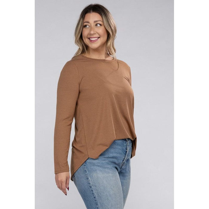 Plus Long Sleeve Round Neck Round Hem Top