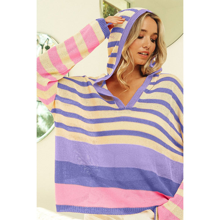 Striped Color Block  Hooded Knit Top