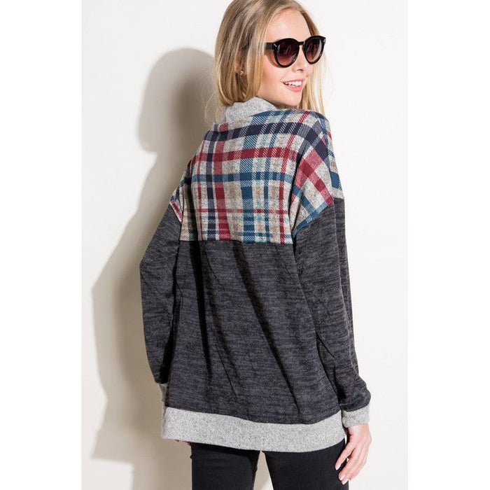 SOLID PLAID MOCK NECK TOP