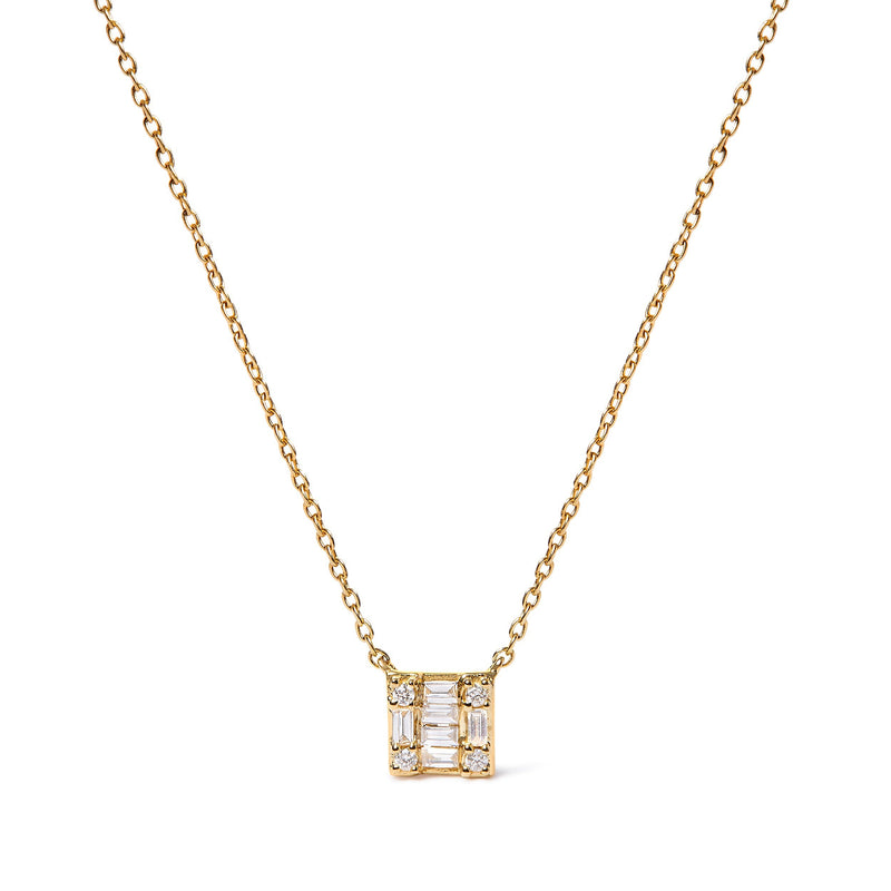 Bids.com 10K Yellow Gold 1/10 Cttw Round and Baguette Diamond Mosaic Composite Square 18" Inch Pendant Necklace (H-I Color, I1-I2 Clarity) Necklaces