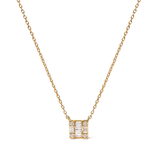 Bids.com 10K Yellow Gold 1/10 Cttw Round and Baguette Diamond Mosaic Composite Square 18" Inch Pendant Necklace (H-I Color, I1-I2 Clarity) Necklaces