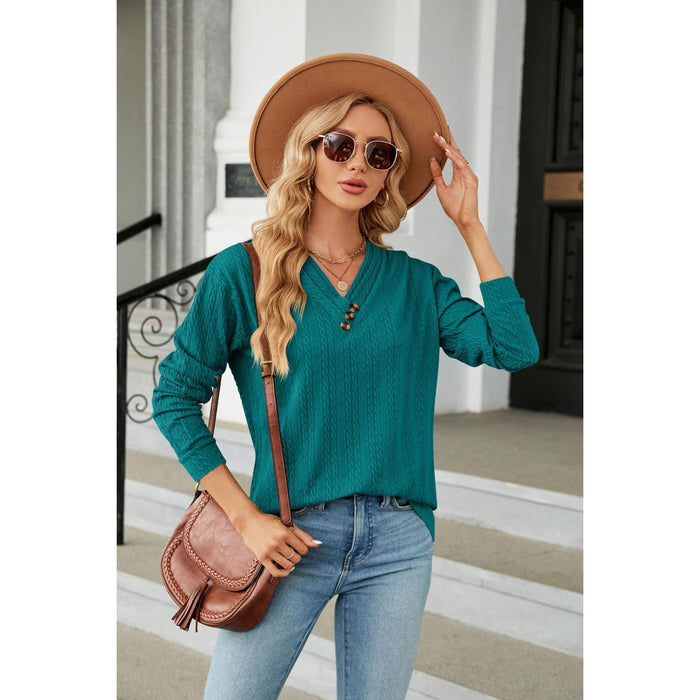 Decorative Button V-Neck Long Sleeve T-Shirt