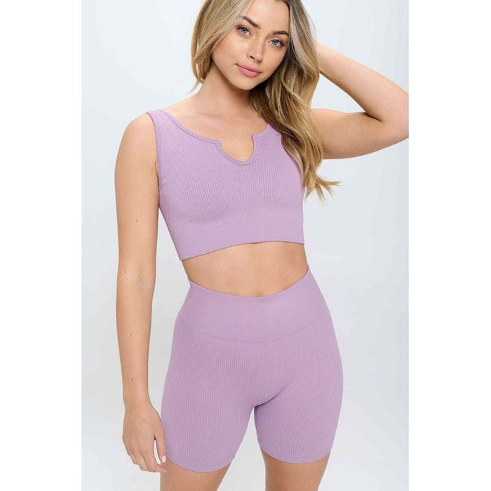 2 piece Seamless Ribbed Tank Top  Biker Shorts Set