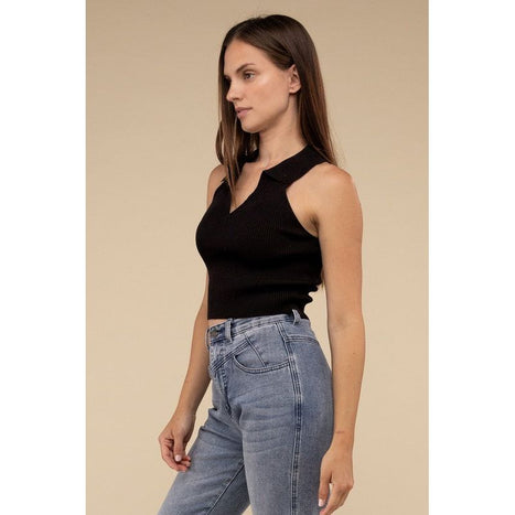 Sleeveless Collared Crop Knit Top