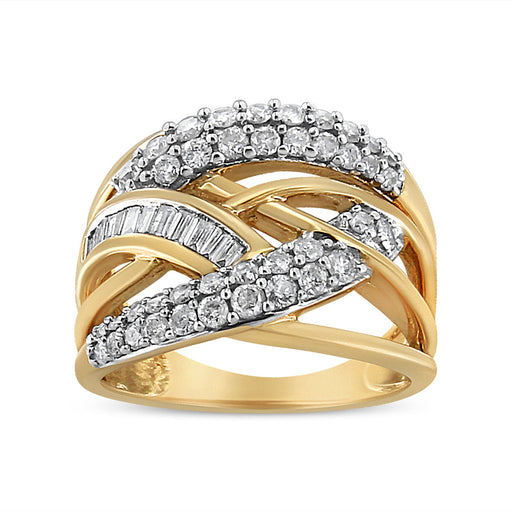 Bids.com 10K Yellow and White Gold 1.0 Cttw Round and Baguette-Cut Diamond Multirow Interwoven Cocktail Ring (I-J Color, I2-I3 Quality) - Size 7 Rings