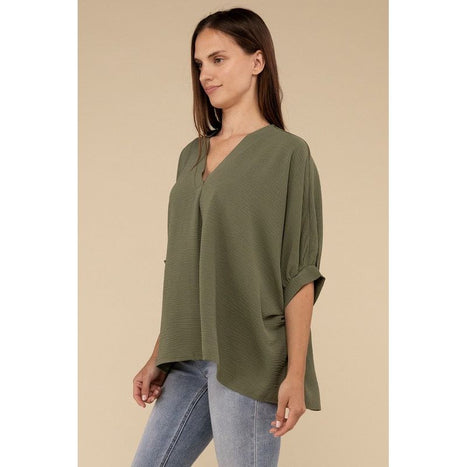 Woven Airflow V-Neck Puff Half Sleeve Top