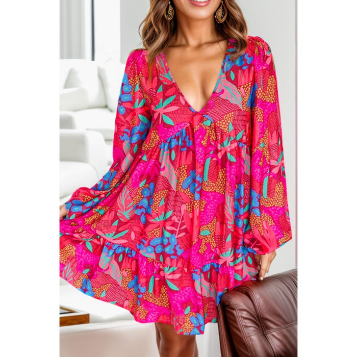 Printed Balloon Sleeve Mini Dress in Deep Rose