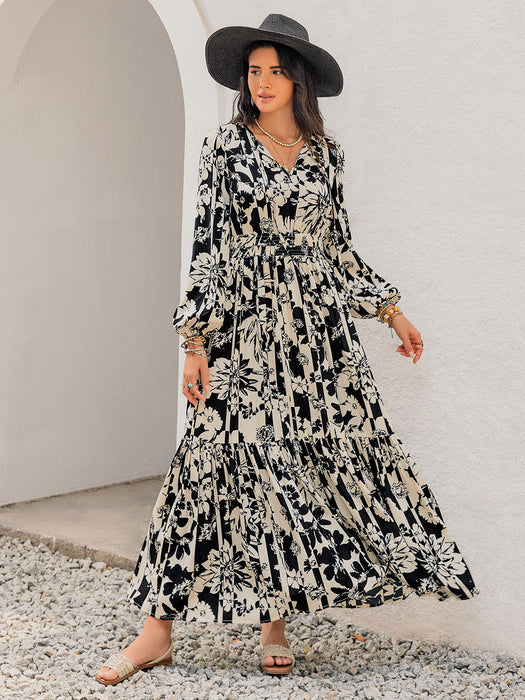 Printed Tie Neck Long Sleeve Dress