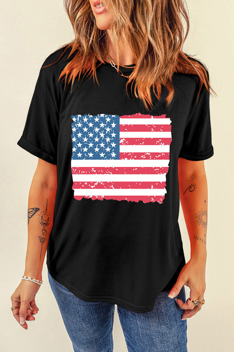 US Flag Round Neck Short Sleeve T-Shirt in Black