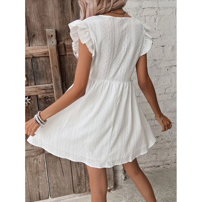 Eyelet Ruffled Cap Sleeve Mini Dress