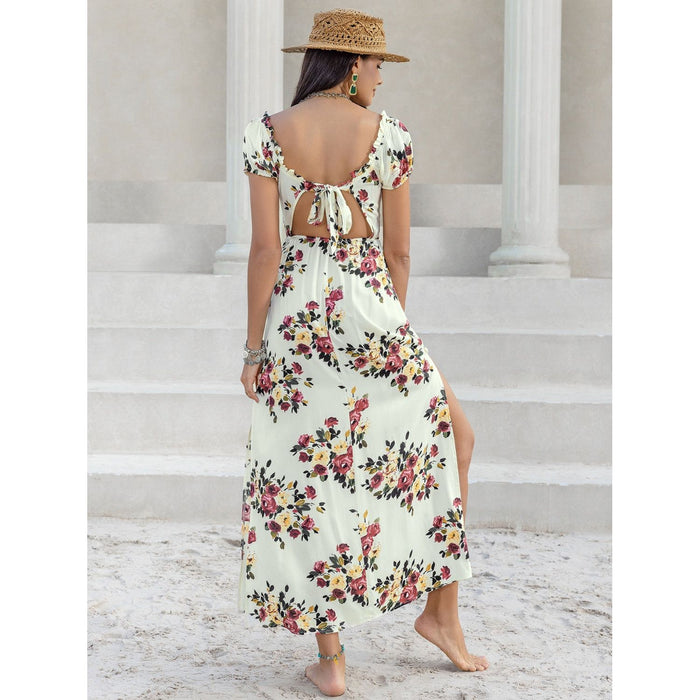 Tied Slit Floral Short Sleeve Dress