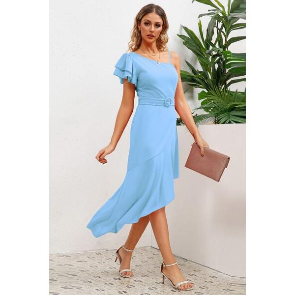 Ruffled Asymmetrical Neck Flutter Sleeve Dress