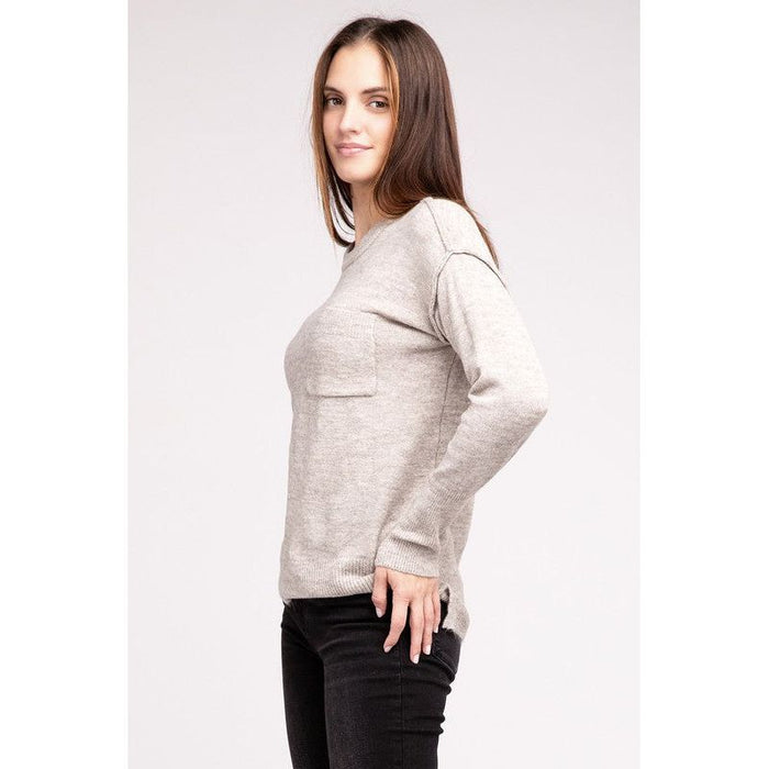 Melange Hi-Low Hem Round Neck Sweater