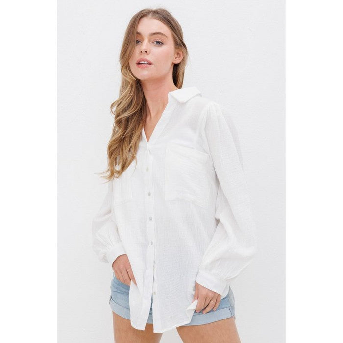 TEXTURED GAUZE BUTTON DOWN PUFF SLEEVES BLOUSE TOP