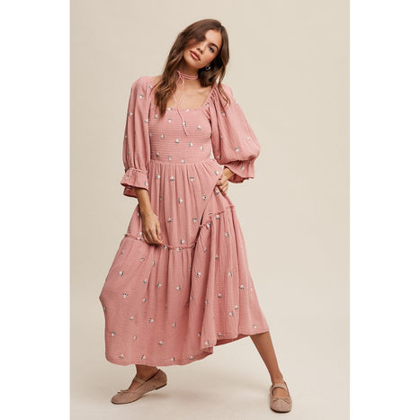 Ditzy Floral Embroidery Puff Sleeve Maxi Dress