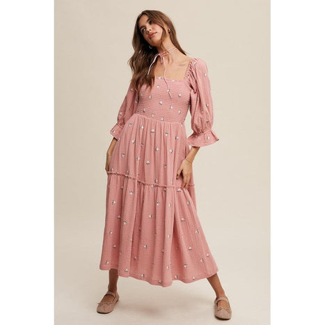 Ditzy Floral Embroidery Puff Sleeve Maxi Dress