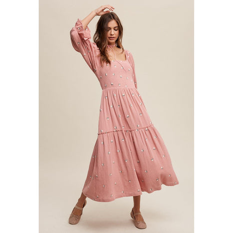 Ditzy Floral Embroidery Puff Sleeve Maxi Dress