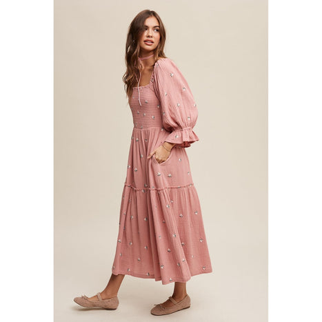 Ditzy Floral Embroidery Puff Sleeve Maxi Dress