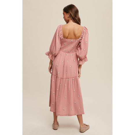 Ditzy Floral Embroidery Puff Sleeve Maxi Dress