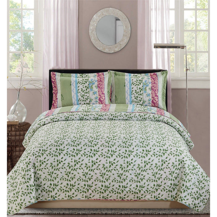 Shopbobbys Premius Devina Leaf Printed Reversible Quilt Set, Green