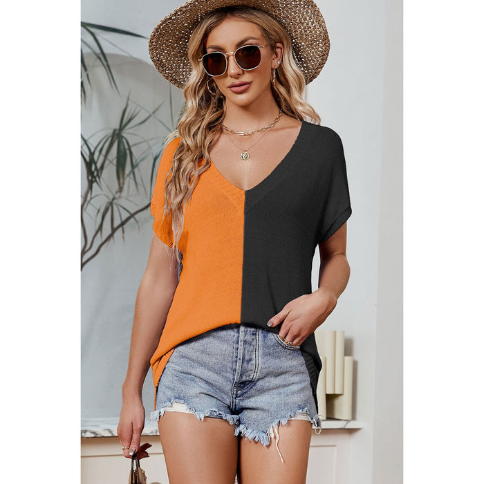 Color Block V-Neck Short Sleeve Knit Top