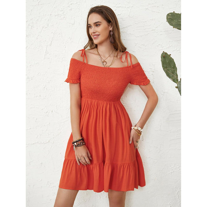 Smocked Spaghetti Strap Short Sleeve Dress