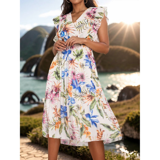 Ruffled Printed Surplice Cap Sleeve Dress