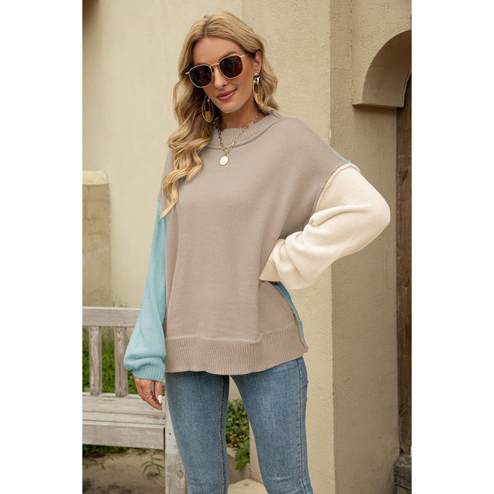 Color Block Round Neck Dropped Shoulder Sweater