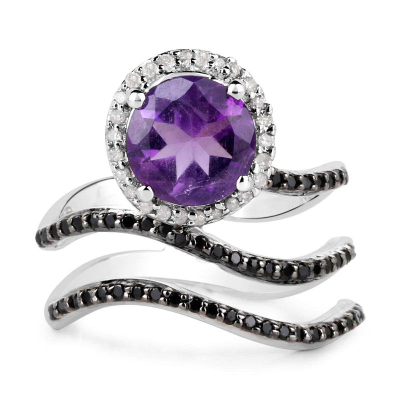 Bids.com 2.31 Carat Genuine Amethyst, Black Spinel and White Diamond .925 Sterling Silver Ring Rings