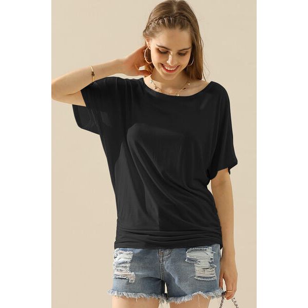 Ninexis Boat Neck Short Sleeve Ruched Side Top