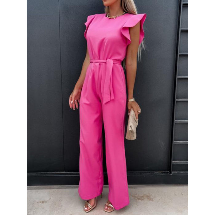 Ruffled Round Neck Cap Sleeve Jumpsuit