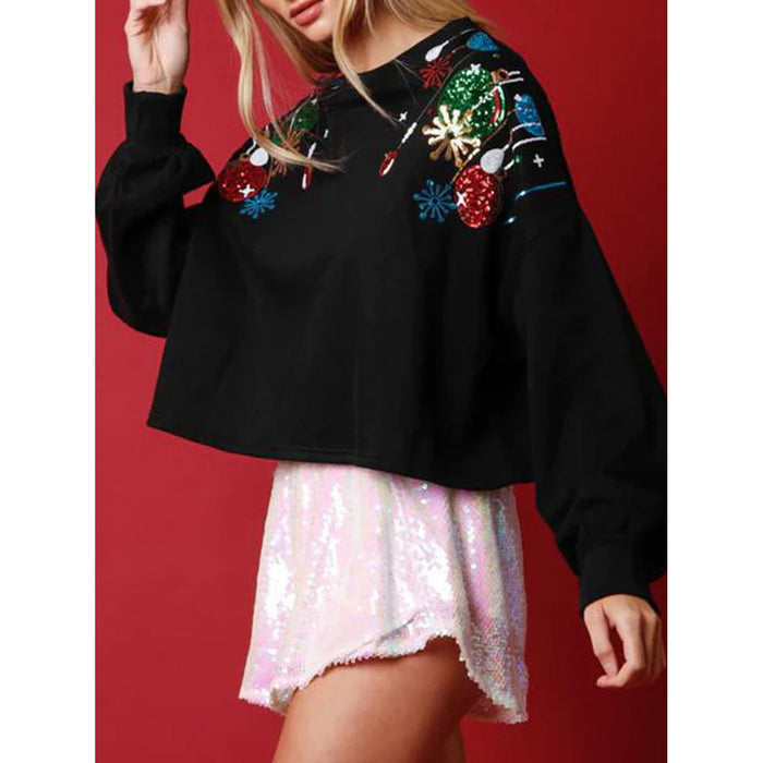 Sequin Round Neck Dropped Shoulder Sweatshirt