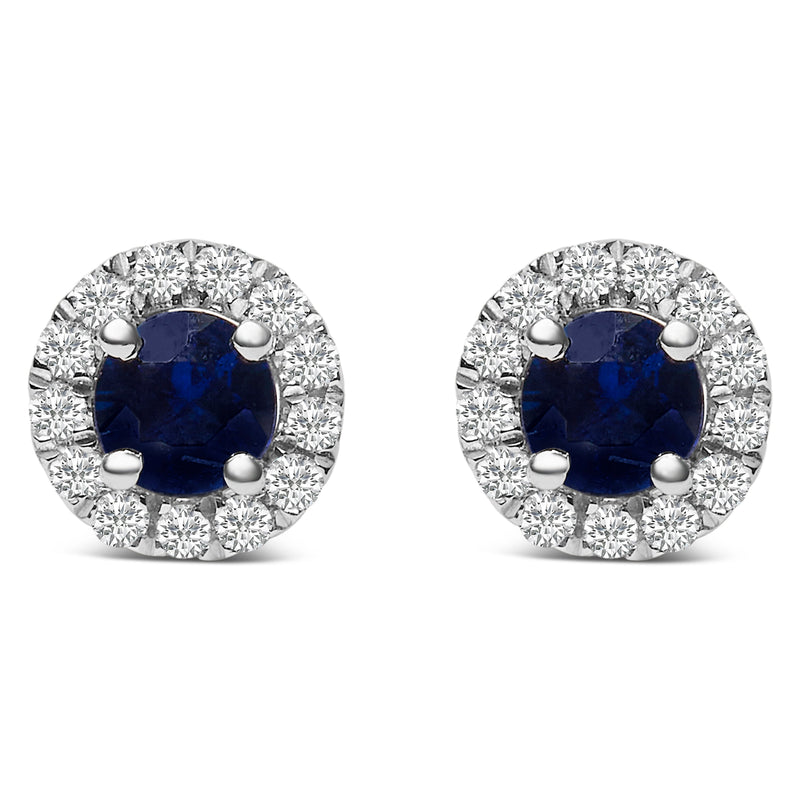 Bids.com 10K White Gold 3.25mm x 3.25mm Round Blue Sapphire and 1/10 Cttw Diamond Halo Stud Earrings (I-J Color, I1-I2 Clarity) Earrings